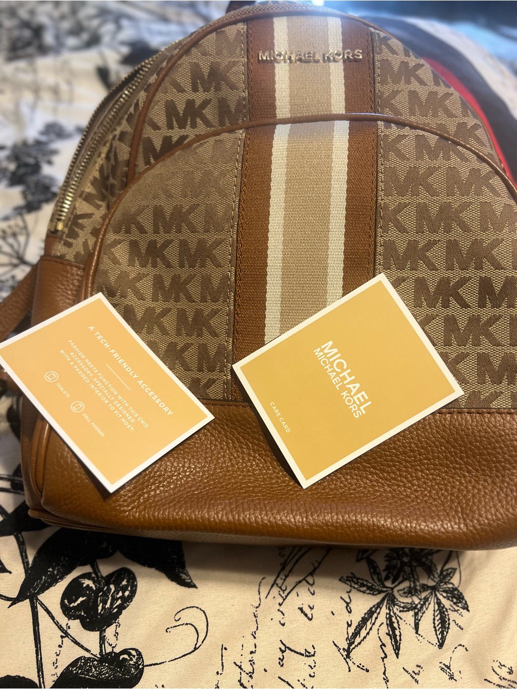 Michael Kors Brown And Cream Signature Mk Stripe Backpack